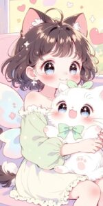 Ảnh anime cute girl chibi và mèo trắng