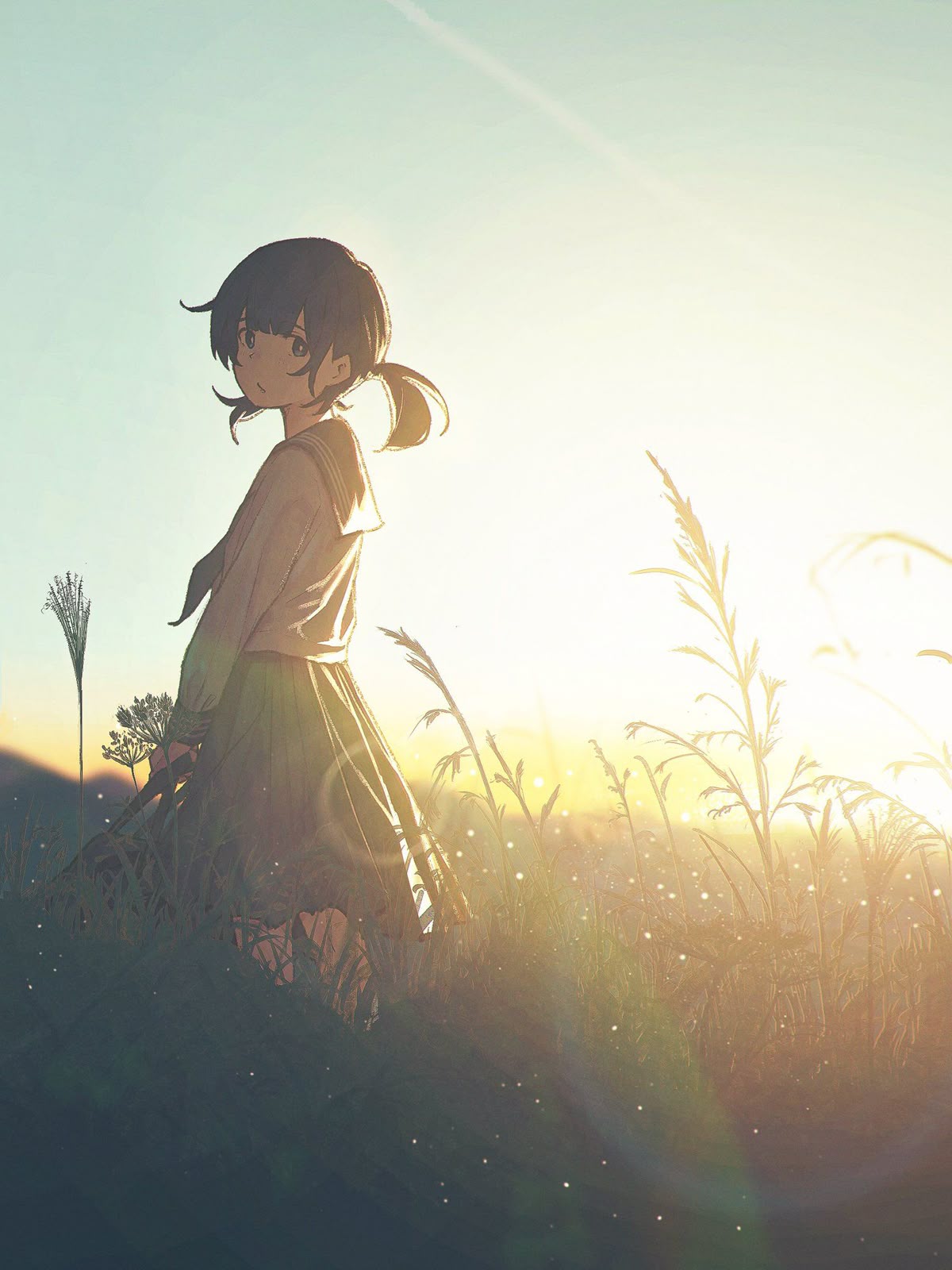 Ảnh sad girl anime lặng lẽ trên cánh đồng cỏ