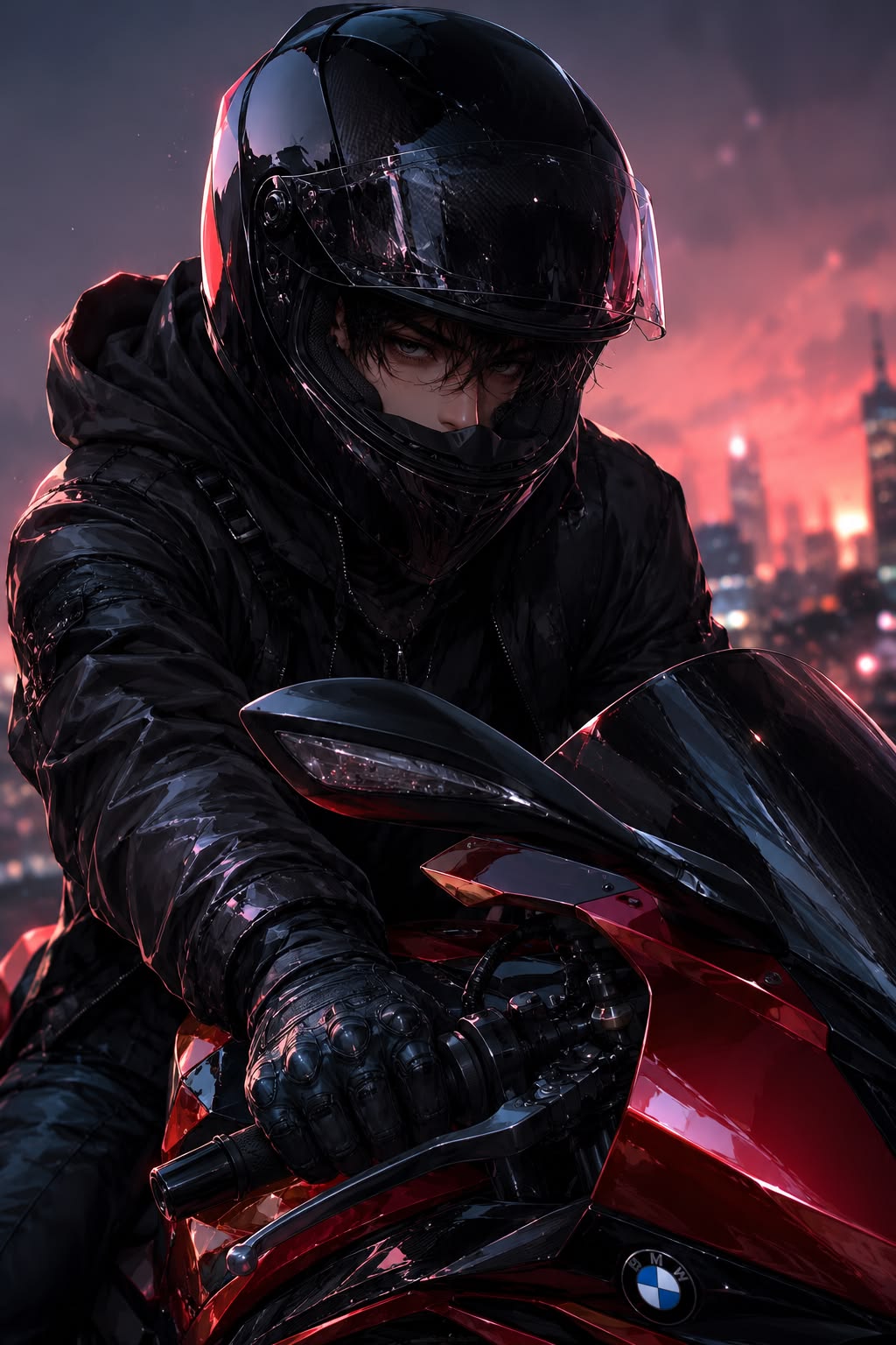 Anime bad boy đứng bên xe phân khối lớn