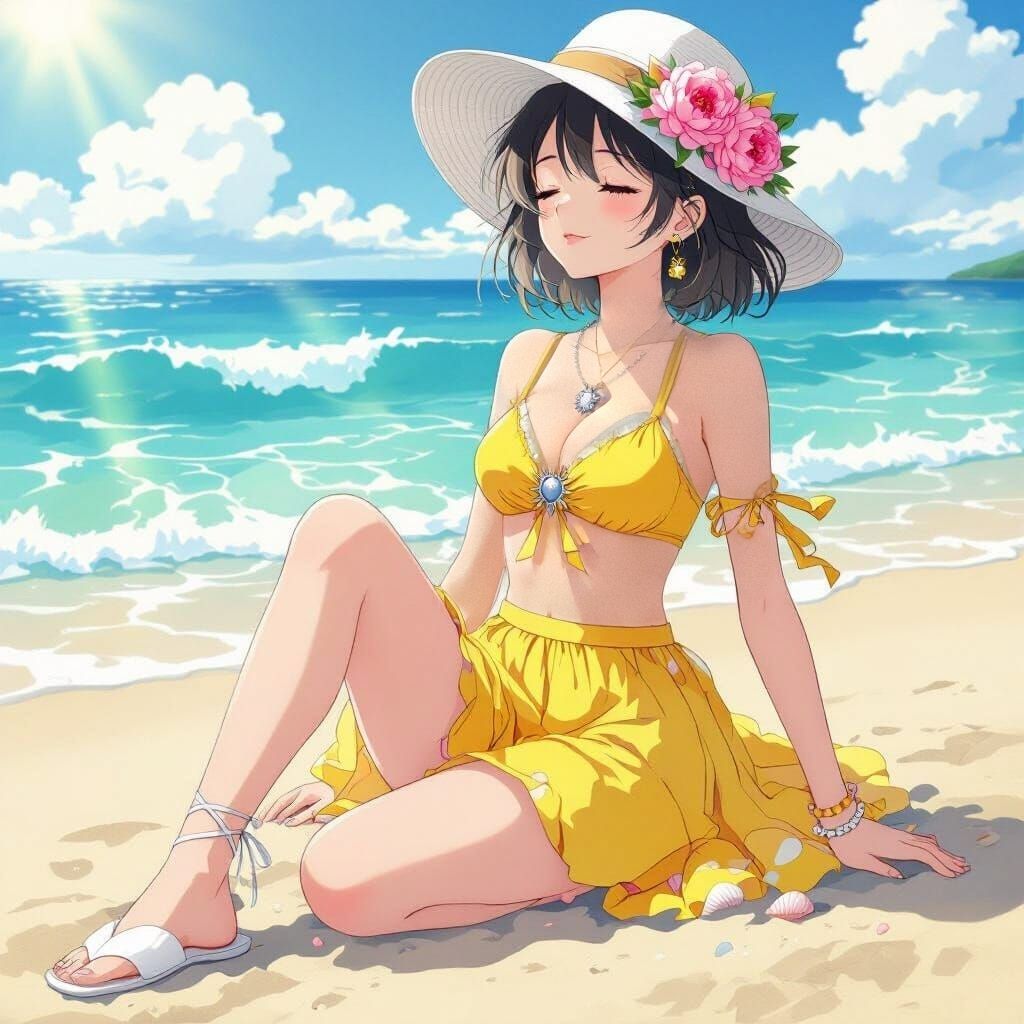 88+ Ảnh anime bikini đẹp, rạng rỡ & năng động mùa hè 9 Anime girl bikini đội mũ cói dịu dàng