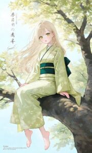 Anime nữ mặc kimono dưới nắng xuân