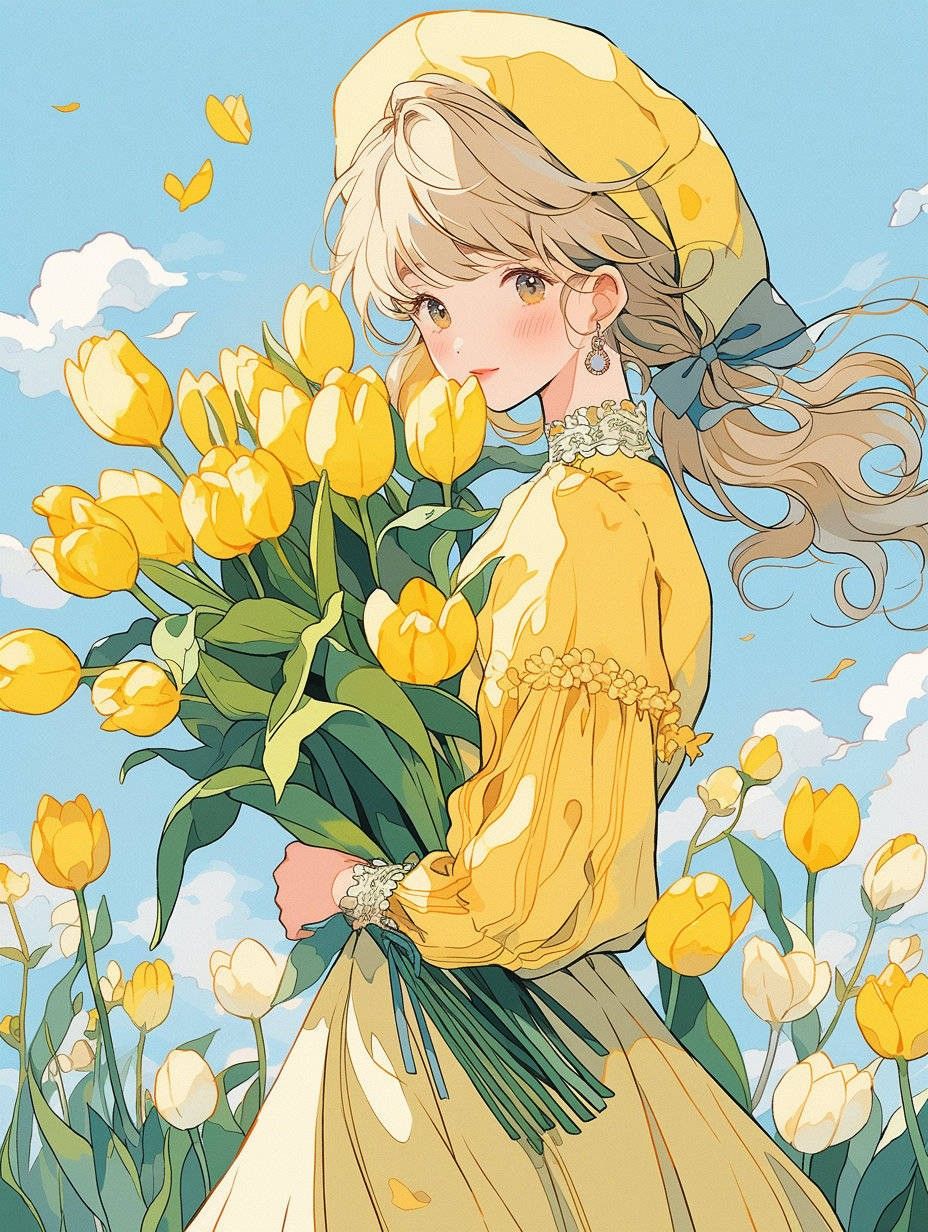 100+ Avatar anime nữ đẹp, cute và ngọt ngào nhất thế giới 2D 9 Avatar hình ảnh anime nữ ôm bó hoa tulip