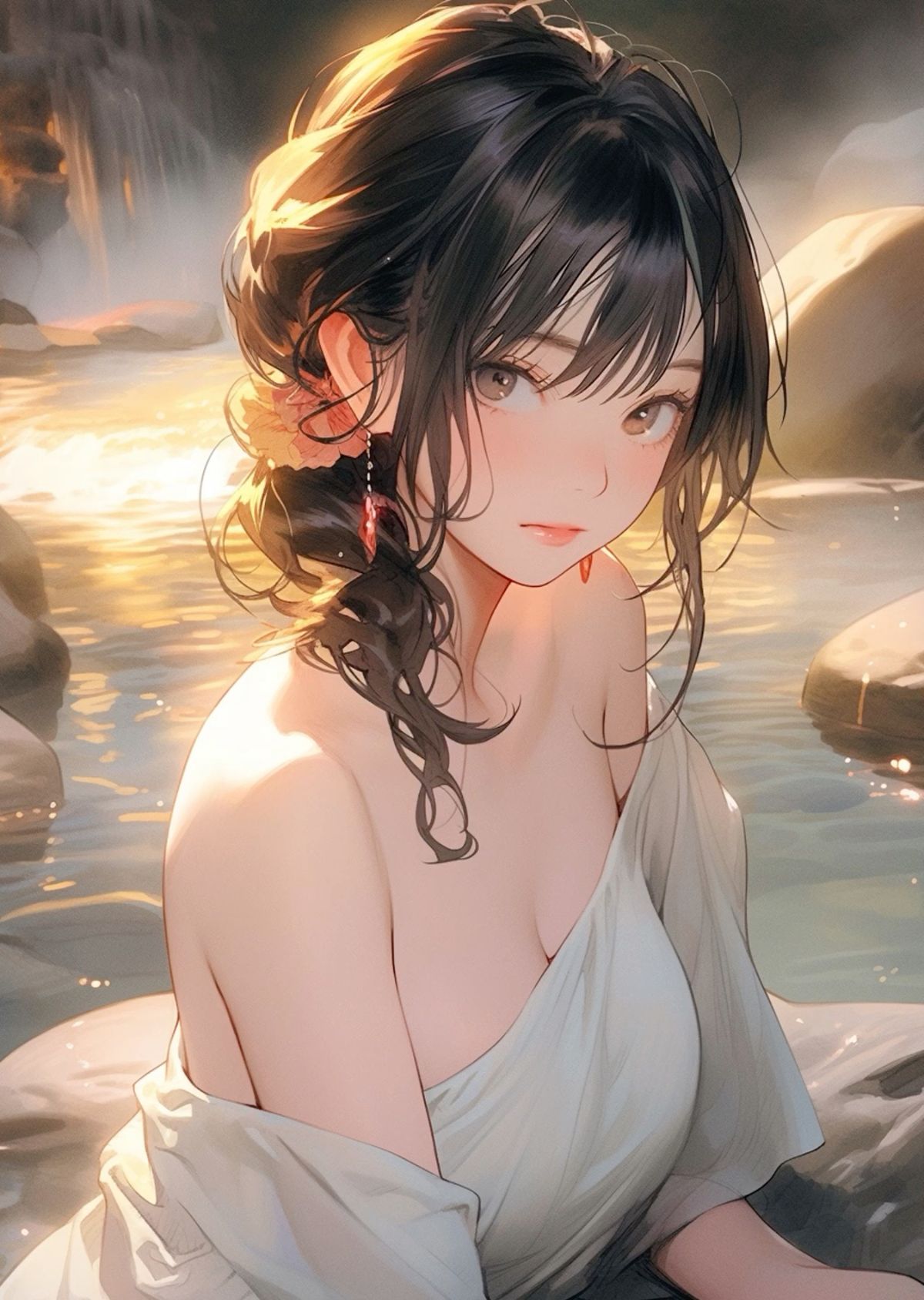 Big boobs anime thư thái bên thành hồ bơi