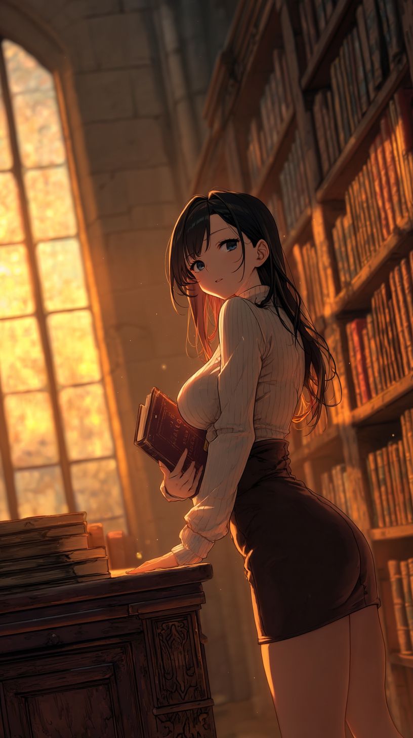 Big boobs anime thư thái đọc sách bên khung cửa sổ
