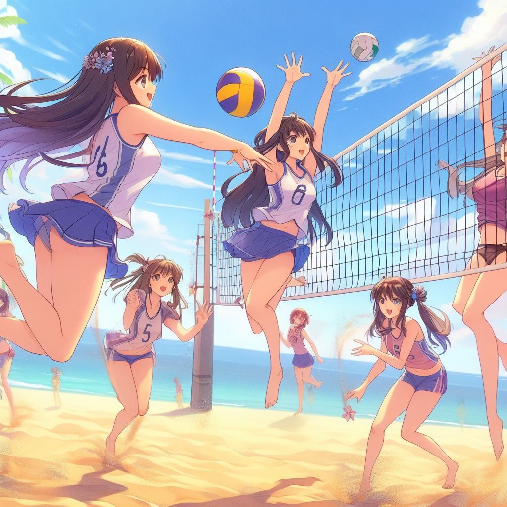 88+ Ảnh anime bikini đẹp, rạng rỡ & năng động mùa hè 3 Gái anime mặc bikini chơi bóng chuyền bãi biển