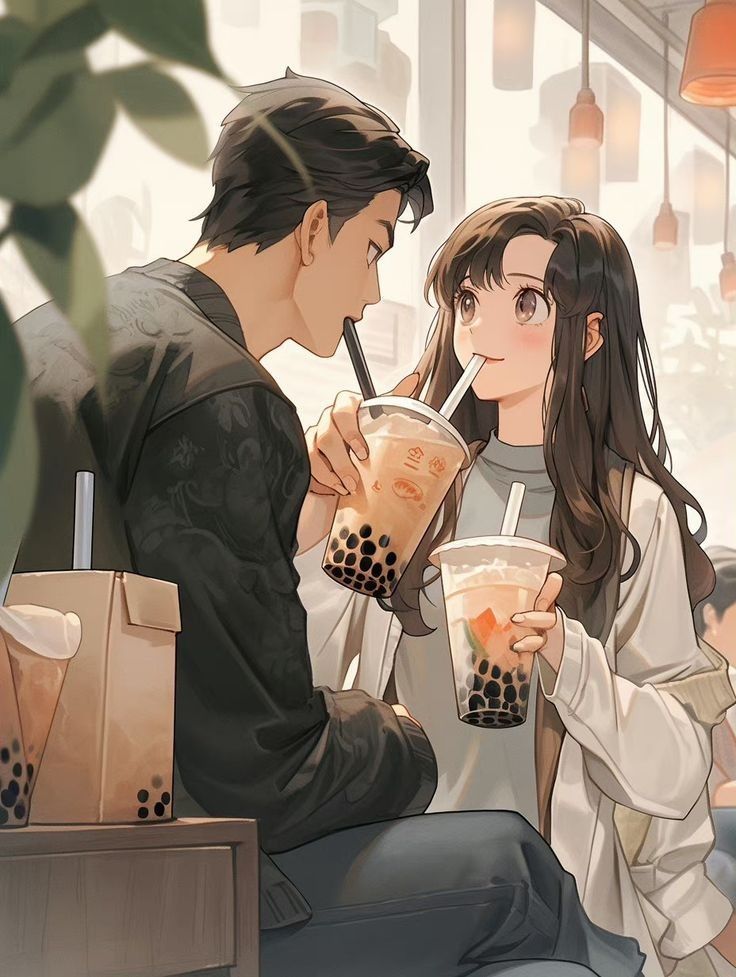Hình ảnh anime cặp đôi cute bên ly trà sữa
