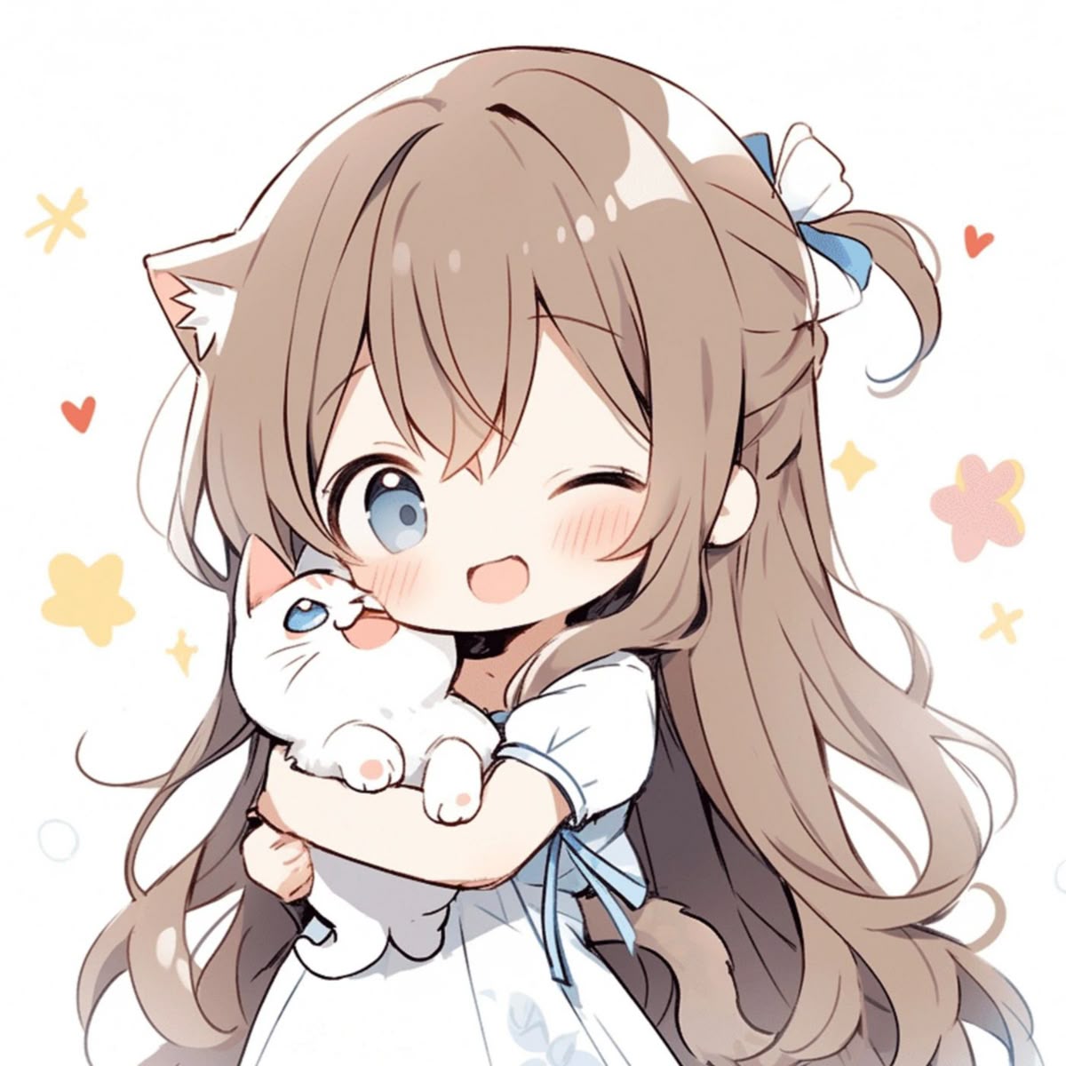 Hình ảnh anime nữ cute chibi chơi đùa cùng mèo con