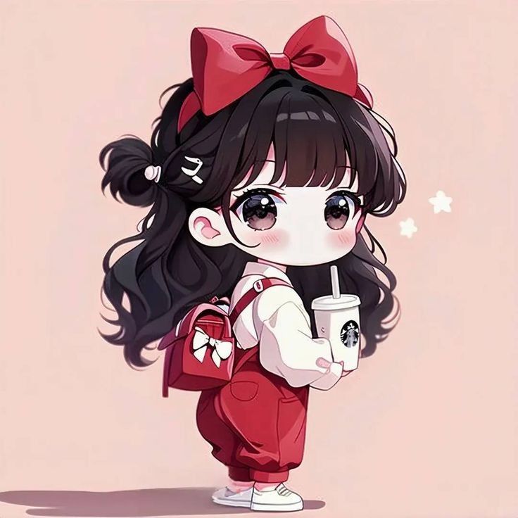 Hình ảnh anime nữ cute chibi đơn giản mang cặp sách