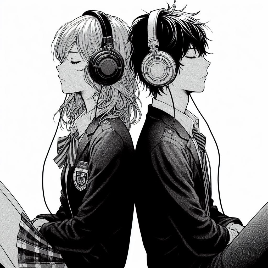 Hình ảnh cặp đôi anime cùng chiếc tai nghe