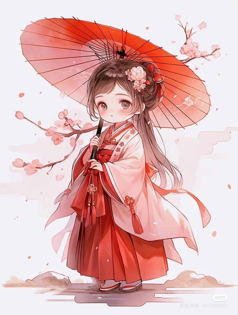 Hình ảnh chibi nữ cute cầm ô hoa anh đào