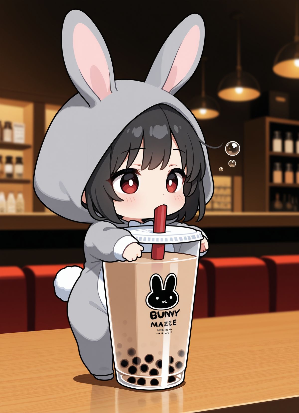 Hình ảnh chibi nữ cute thưởng thức ly trà sữa