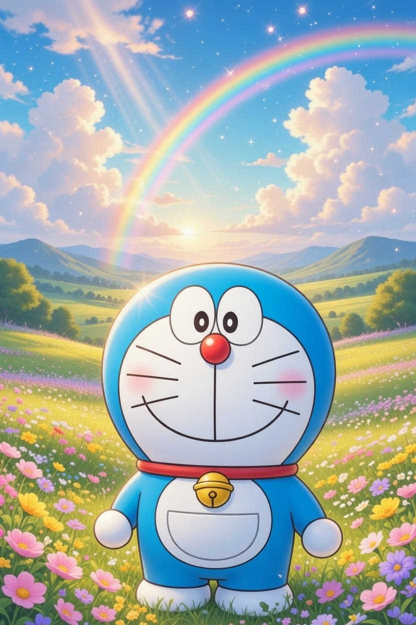Hình ảnh Doremon cute cùng cầu vồng