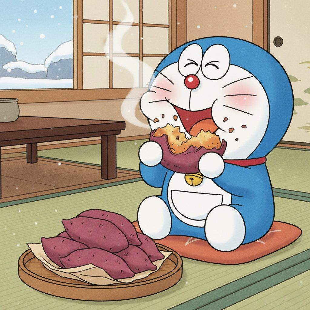 Hình ảnh Doremon cute dễ thương ăn bánh rán