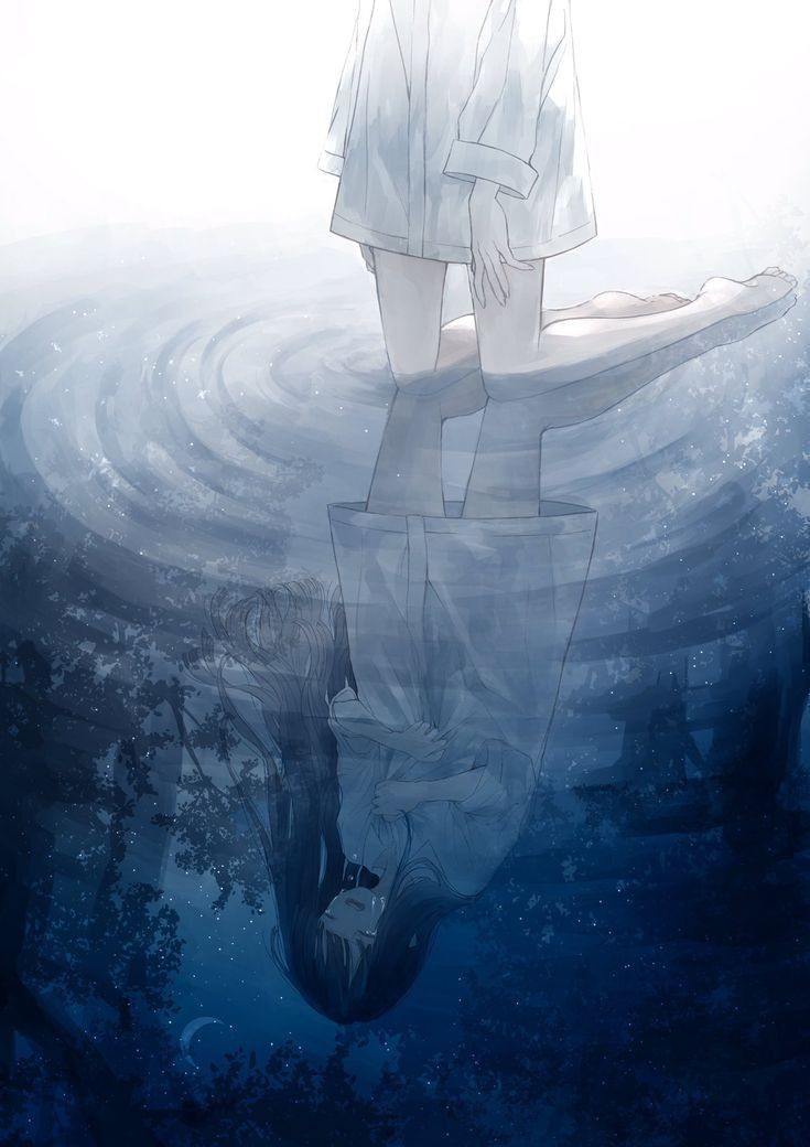 Hình sad girl anime soi bóng trên mặt nước đọng