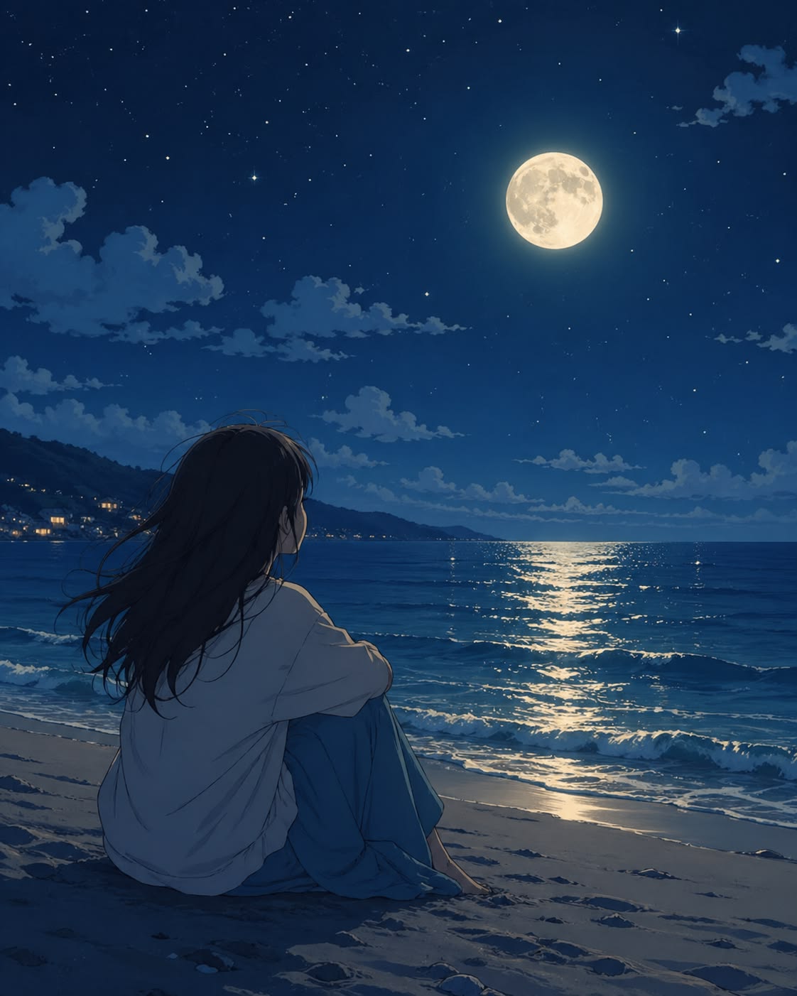 Hình sad girl anime suy tư bên bờ biển vắng