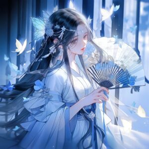 Kimono nữ anime e ấp cầm quạt giấy