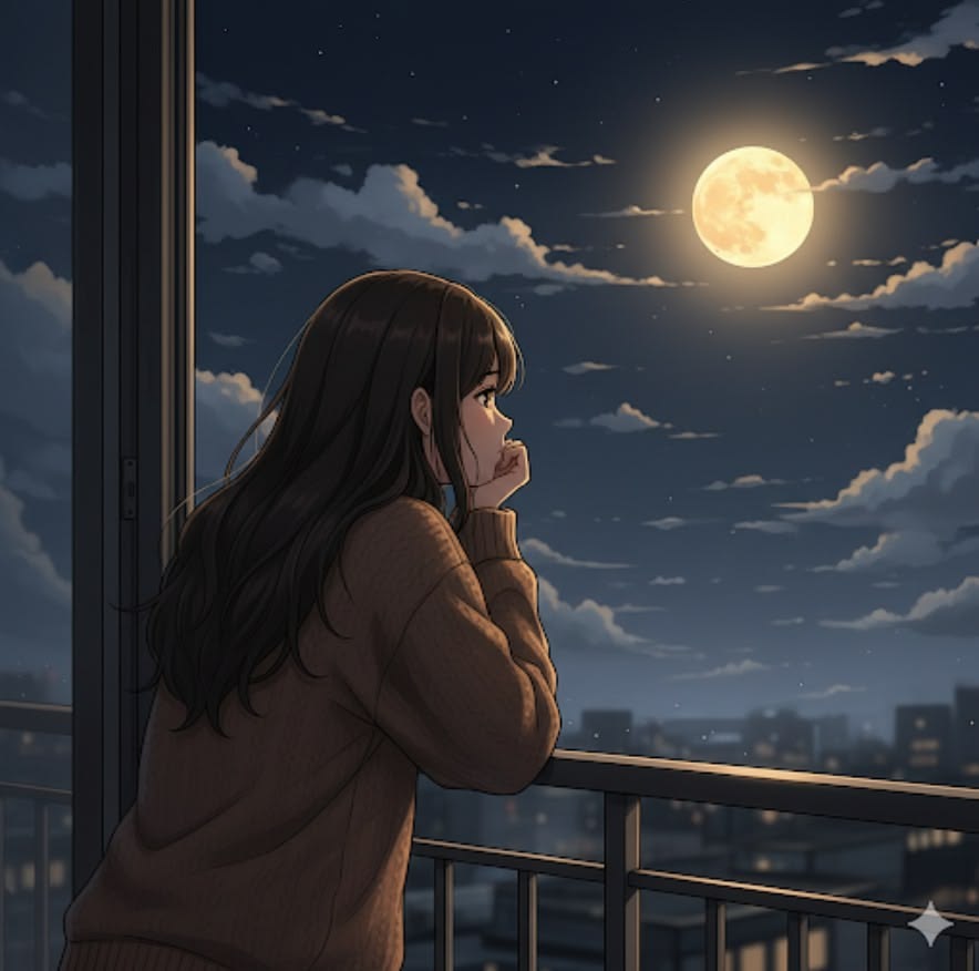 Sad anime girl buồn dưới ánh trăng khuya