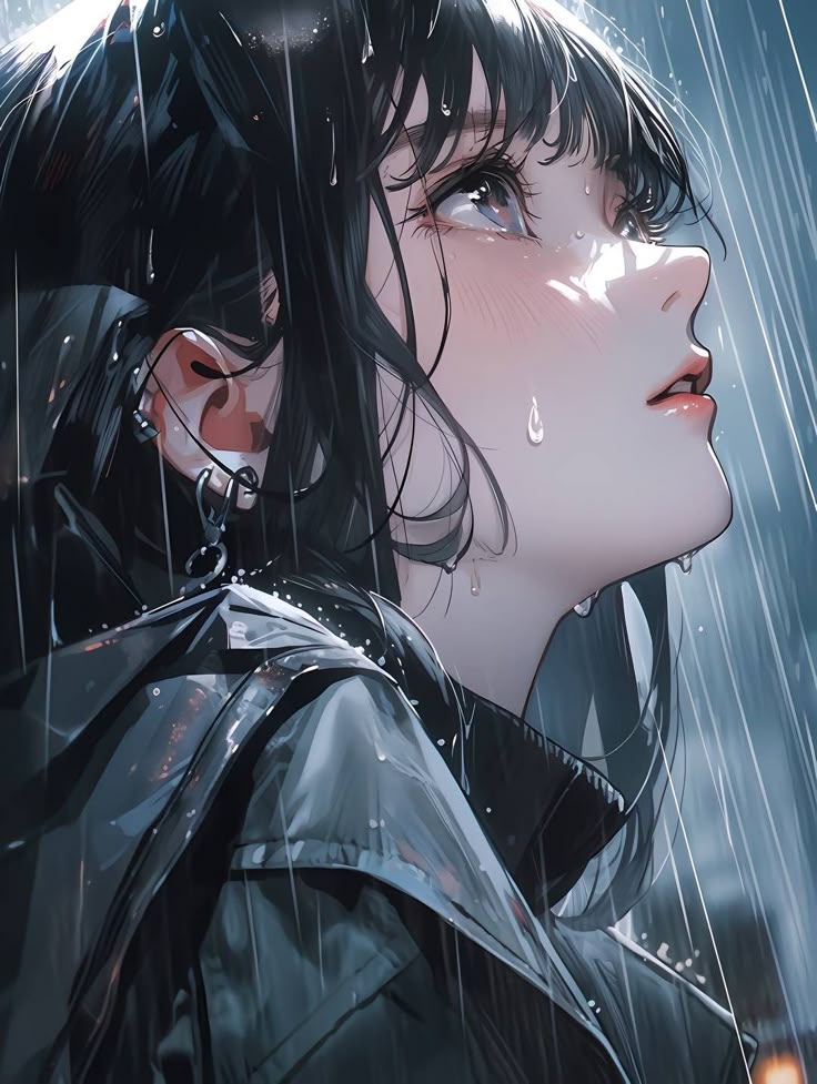 Sad anime girl giọt lệ lăn trên má dưới mưa