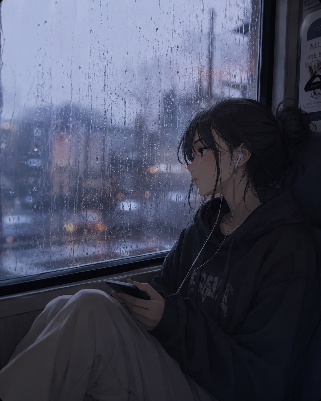 Sad anime girl lặng lẽ ngắm mưa qua khung cửa sổ
